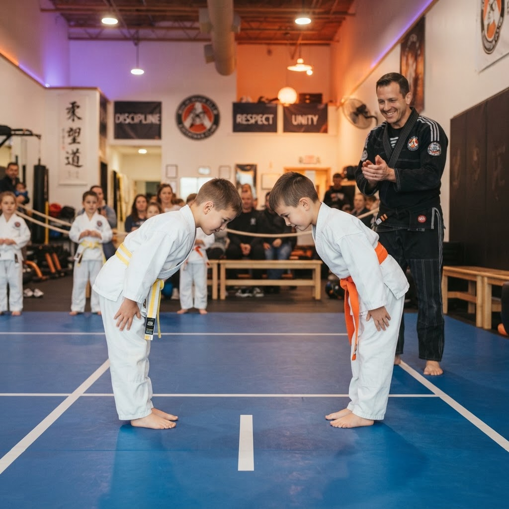 Two children bowing respectfully before training