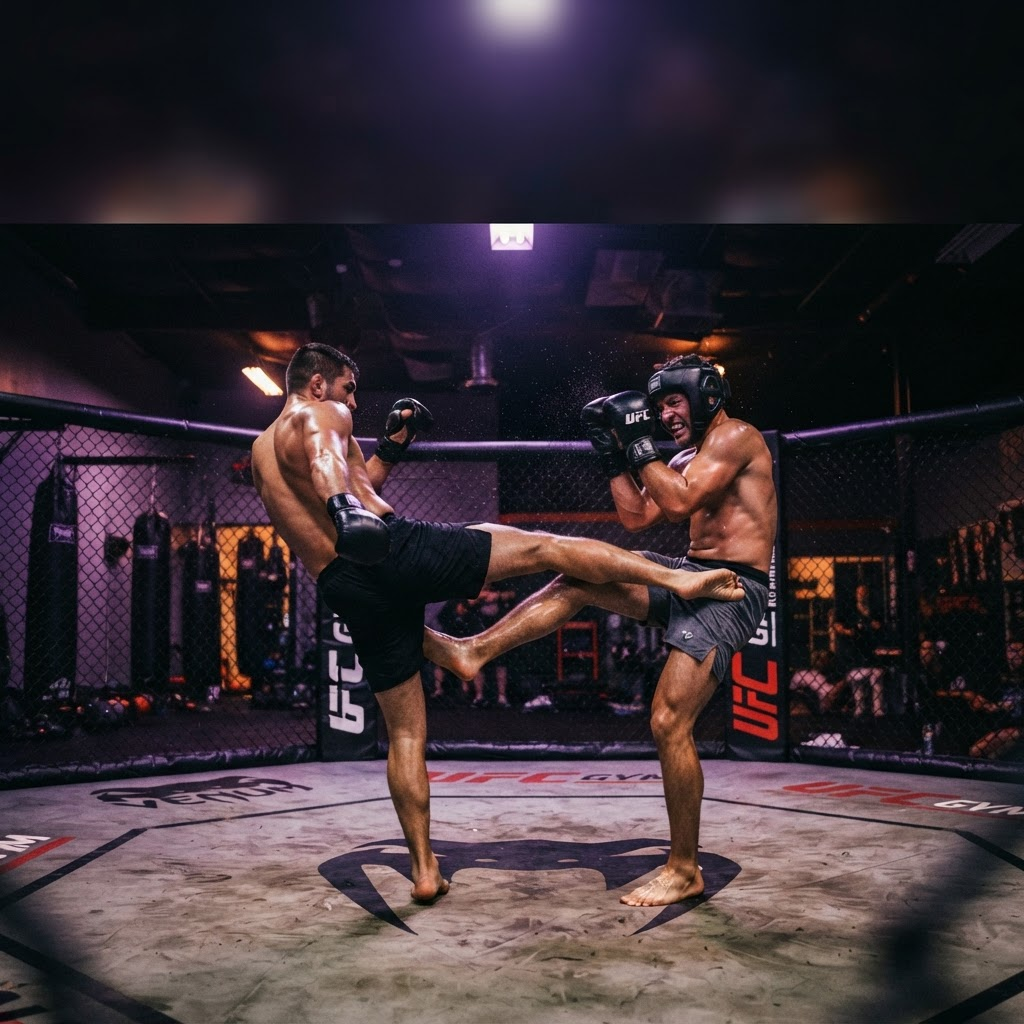 MMA fighters training inside the cage
