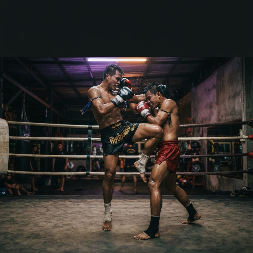 Muay Thai fighters training knees in the clinch