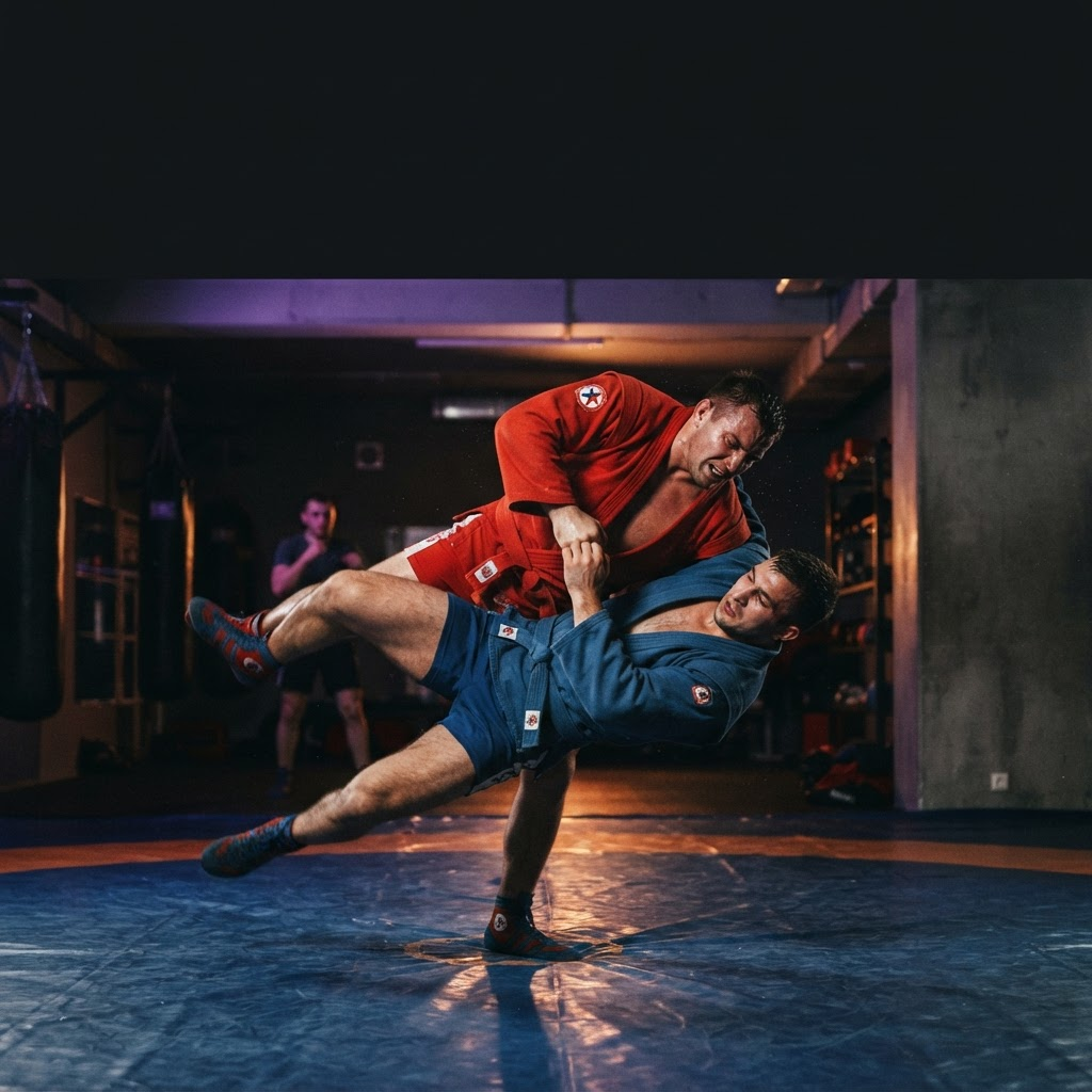 Sambo grapplers training throws on the mat